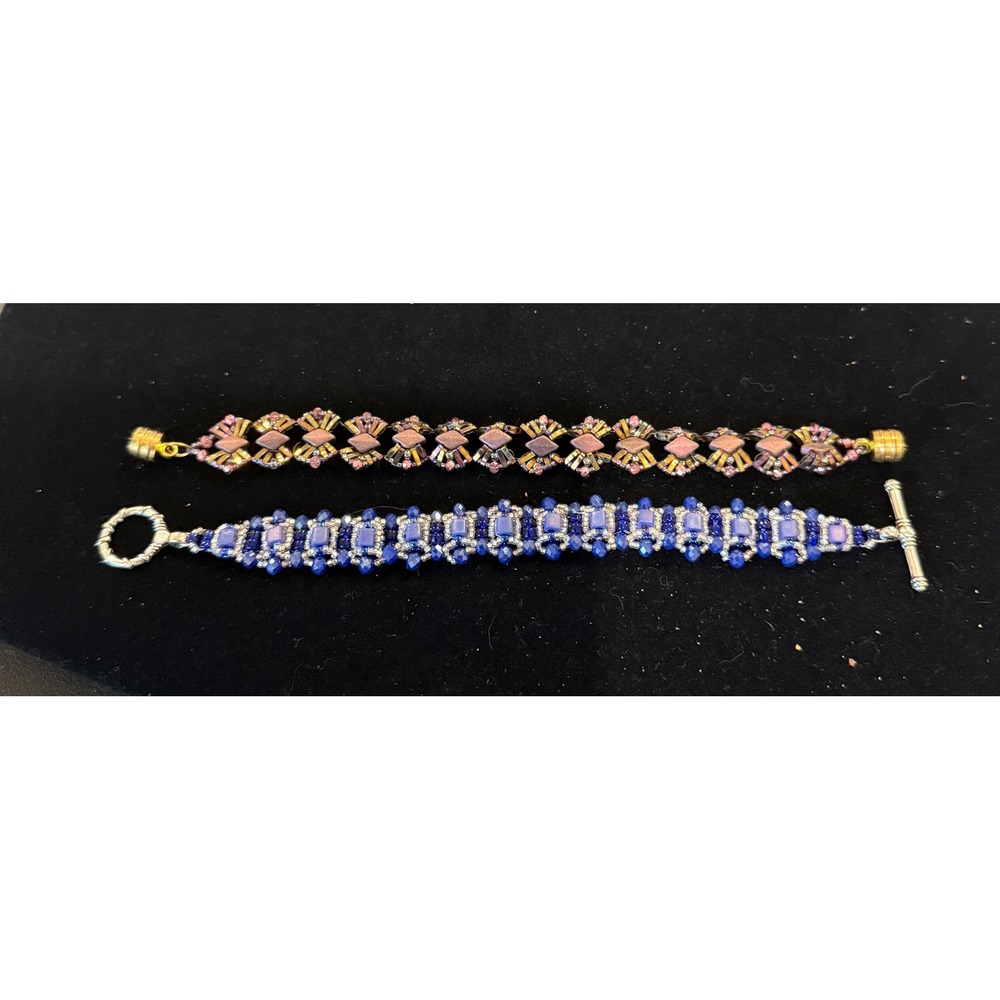 Handmade Womens 7" Beaded Bracelet Set Of 2 Blue Mauve Magnetic Toggle Clasp